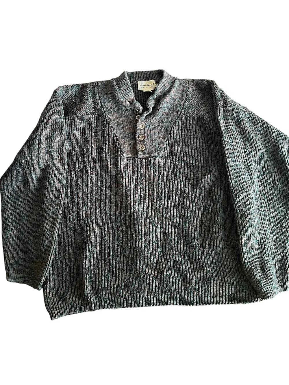Vintage Eddie Bauer Mens XLT Henley Sweater Green Brown Marled Cotton Fisherman